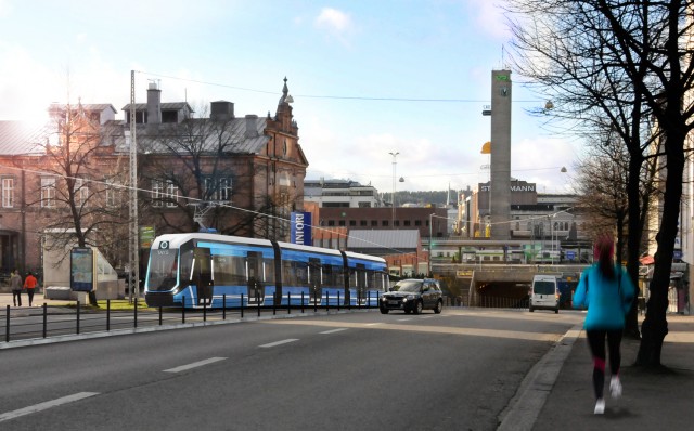 Kaupunginhallitus päätti maanantaina puoltaa raitiotiehanketta Tampereella. Havainnekuva Suomessa valmistettavasta raitiovaunusta Itsenäisyydenkadulla. (Kuva Tampereen kaupunki/IDIS Design Oy)